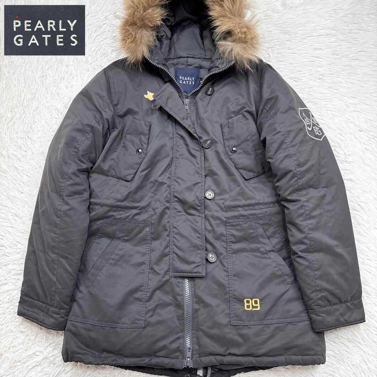 【極美品XLサイズ!!!】PEARLY GATES パーリーゲイツ 2way モッズコート ダウンジャケット ファー着脱可能 肩ロゴ チャコールグレー ゴルフ