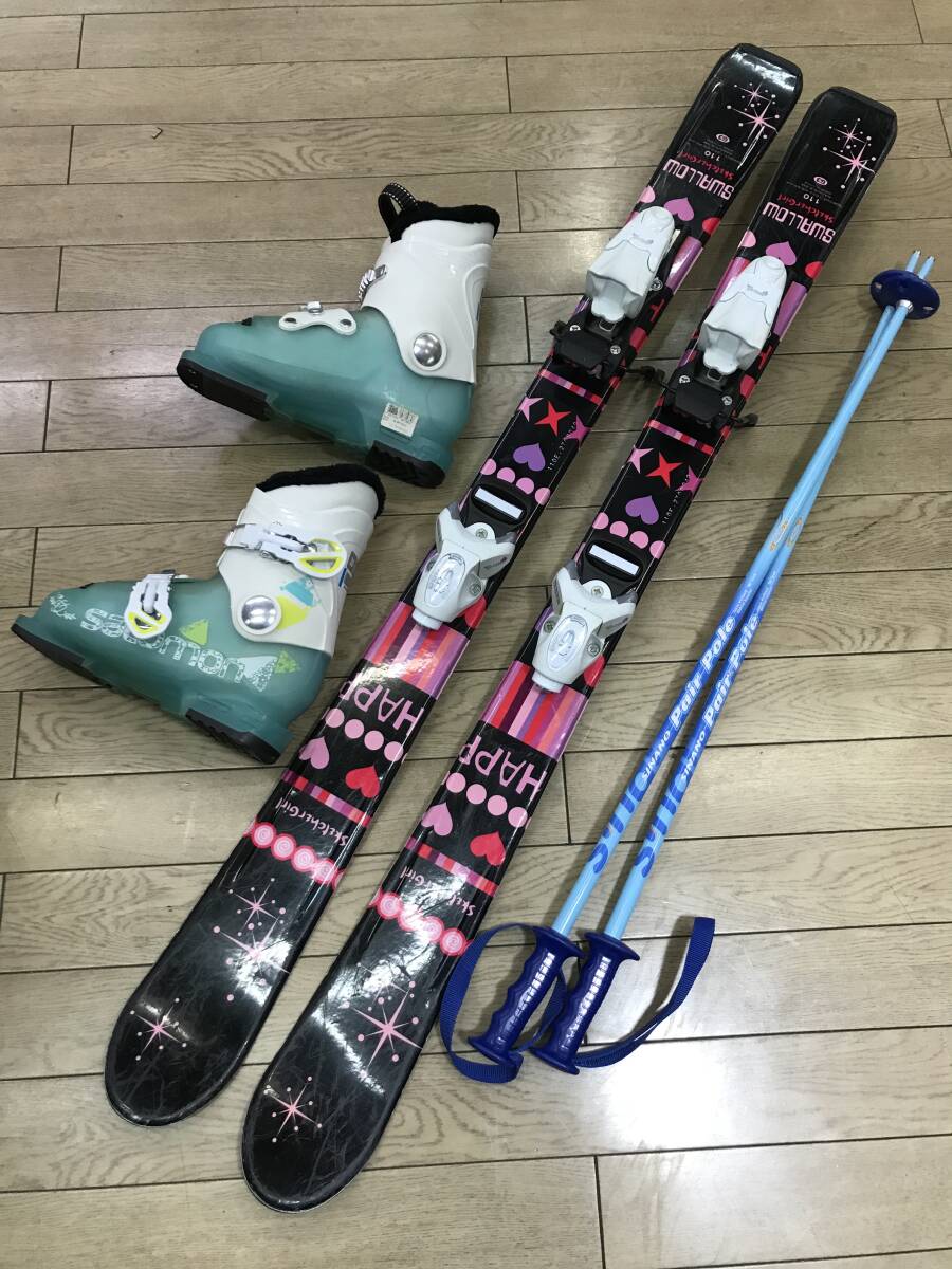 【SALE/37%OFF】 靴 110cm/ ☆★☆2025スタートセール!ジュニア4点セット スキーSWALLOW SketcherGirl SALOMON 程度良好! 80cm POLE 20.0cm/ 板、ブーツセット