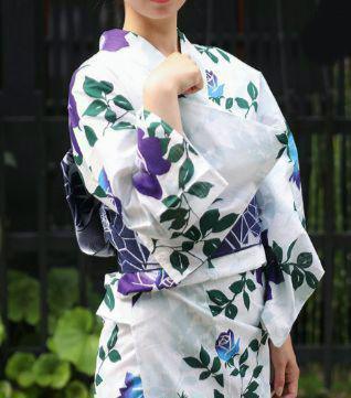 ◆最高級【綿麻浴衣】奇跡の花言葉の青薔薇ゆかた◆着物としても着用可◆青紫バラ★新品未使用　呉服店購入 和装 大正ロマン レディース