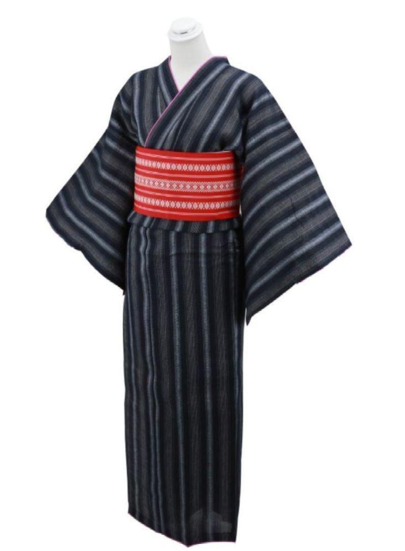 ■最高級しじら織浴衣＆着物■粋な花刺繍紋入り涼し黒紺縞■新品■ 和装 浴衣セット レディース 着物 浴衣