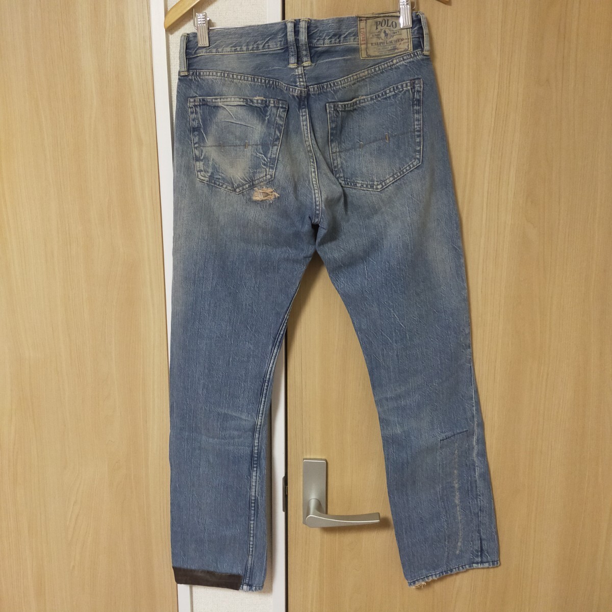 POLO RALPH LAUREN ポロ ラルフローレン レザー切替 パッチワーク リペア加工 デニムパンツ ジーンズ ユーズド加工 W30 インディゴブルー