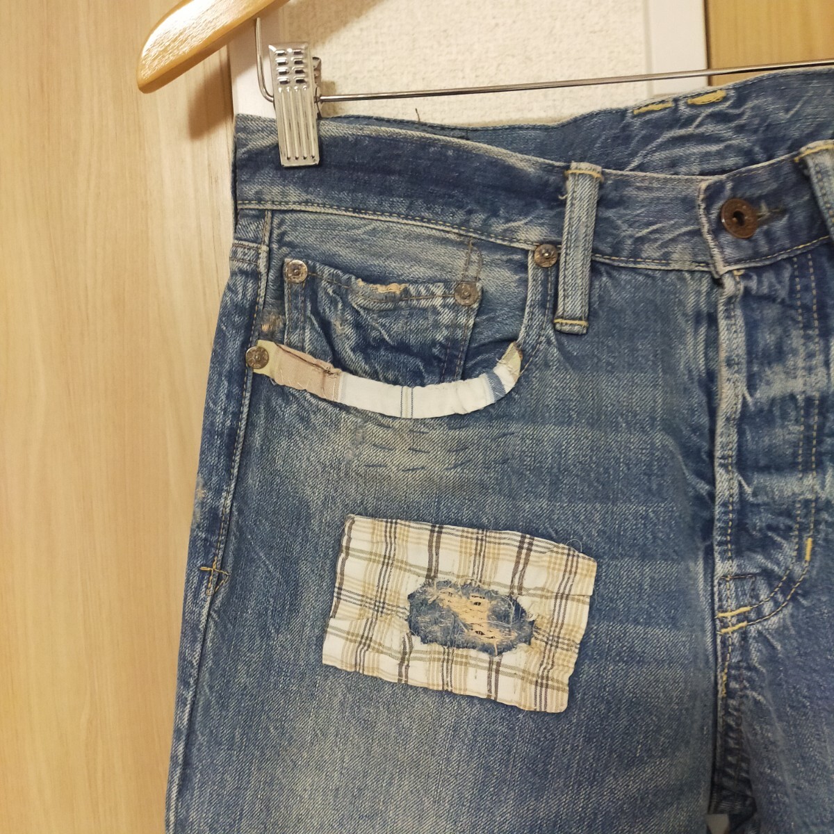 POLO RALPH LAUREN ポロ ラルフローレン レザー切替 パッチワーク リペア加工 デニムパンツ ジーンズ ユーズド加工 W30 インディゴブルー