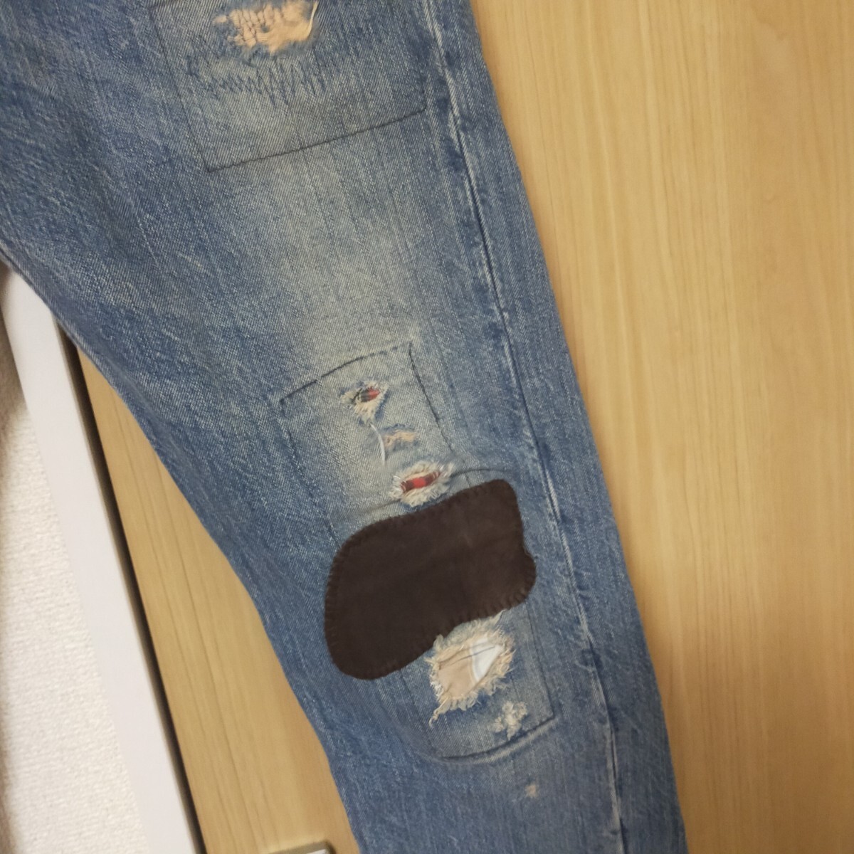 POLO RALPH LAUREN ポロ ラルフローレン レザー切替 パッチワーク リペア加工 デニムパンツ ジーンズ ユーズド加工 W30 インディゴブルー