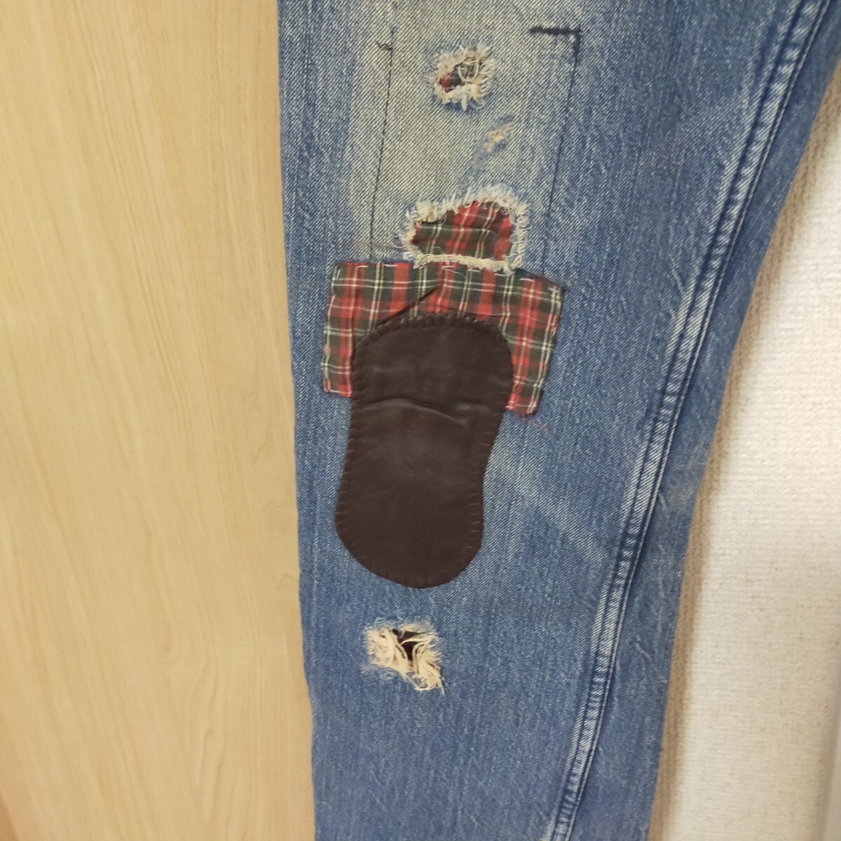 POLO RALPH LAUREN ポロ ラルフローレン レザー切替 パッチワーク リペア加工 デニムパンツ ジーンズ ユーズド加工 W30 インディゴブルー