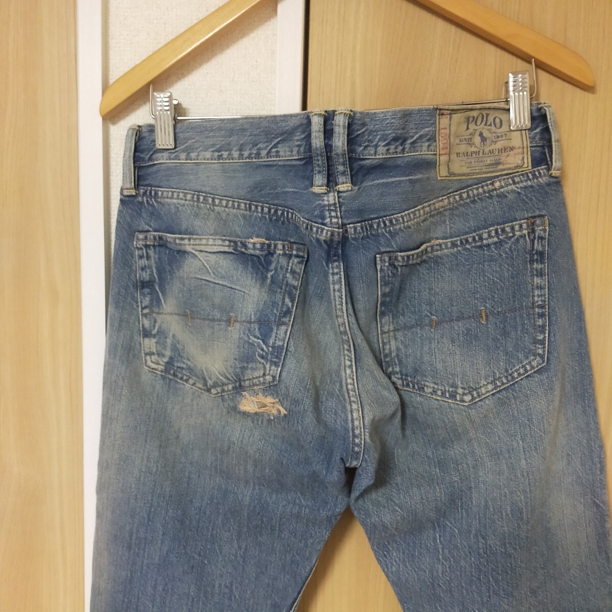 POLO RALPH LAUREN ポロ ラルフローレン レザー切替 パッチワーク リペア加工 デニムパンツ ジーンズ ユーズド加工 W30 インディゴブルー