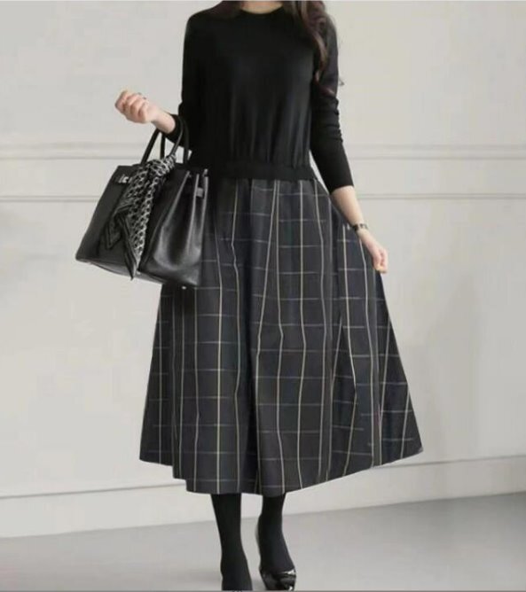 ワンピ* : ♪★新品★セーターとコットン風ギンガムチェックスカートのドッキング シンプル風 おしゃれな ロング ワンピース 黑