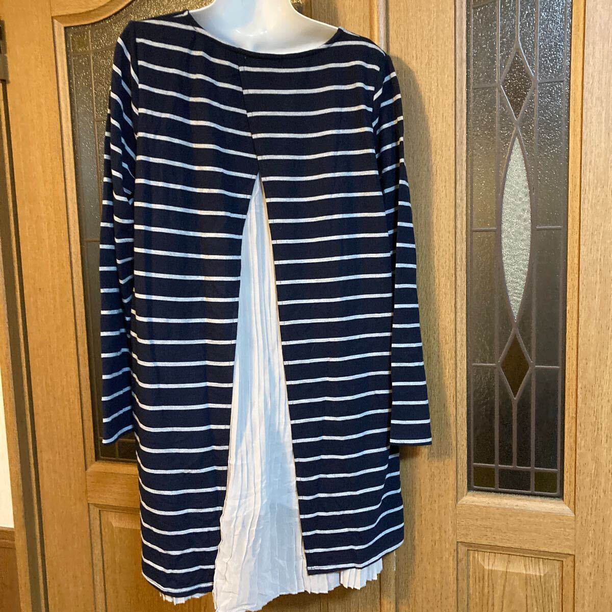 サイズL 身幅56 ゆったりボーダーカットソー　チュニック　シフォンギャザー♪_画像1