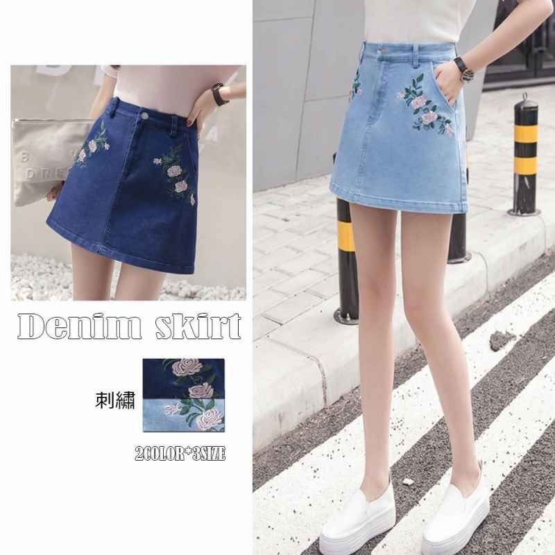  trapezoid skirt floral print embroidery Denim skirt miniskirt A line L indigo 