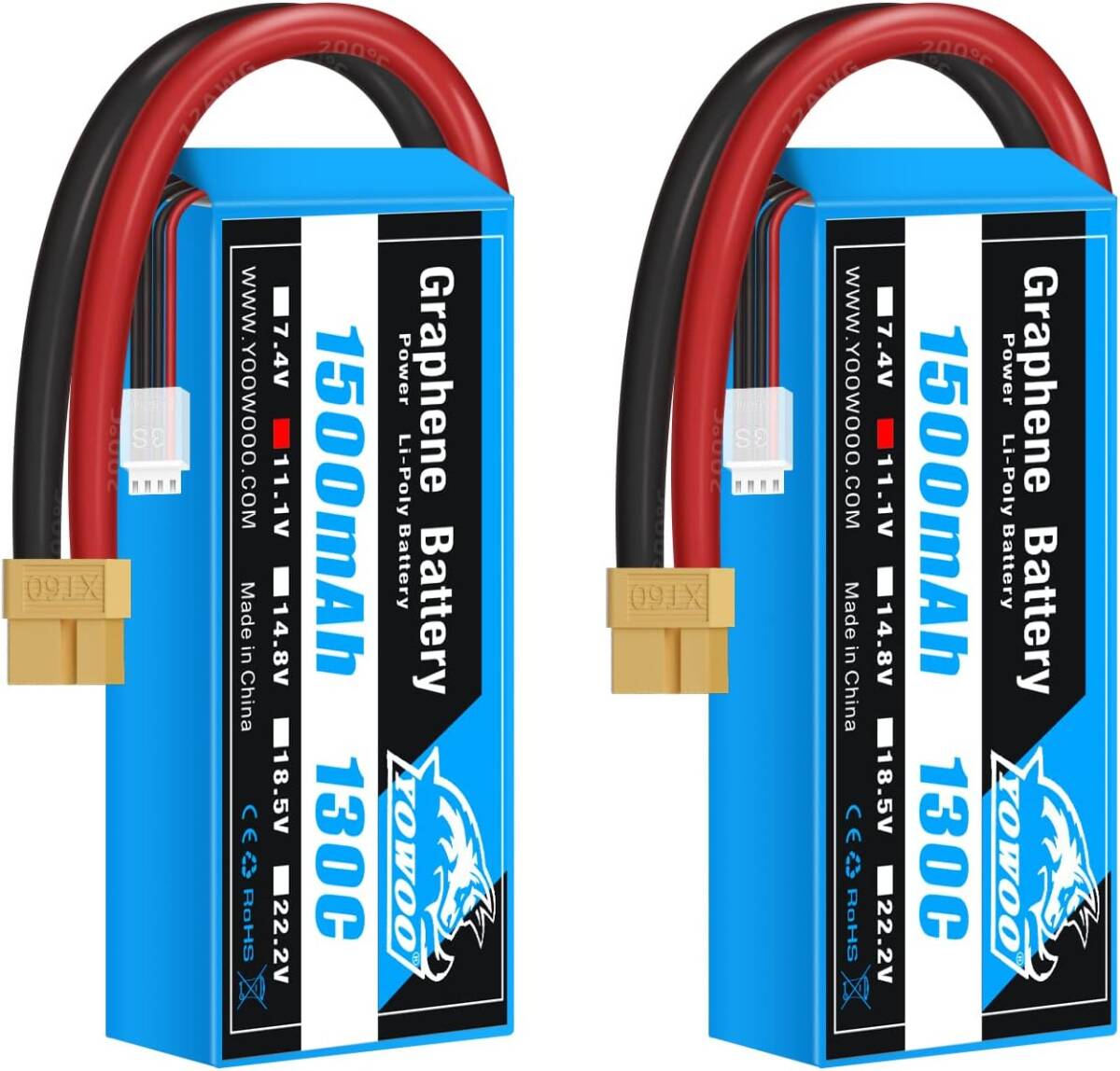 11.1v 1500mah 130C XT60 Yowoo 2パックLipoバッテリー3S 1500mAh 11.1V 130C