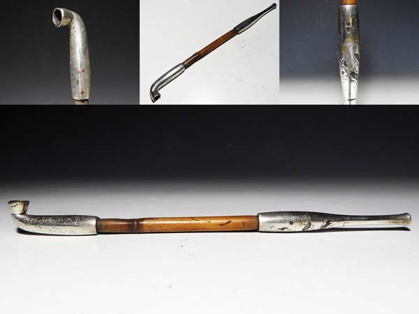 一流の品質 桃】提げ物：金工銀地金赤銅象嵌槍梅図銀煙管 その他