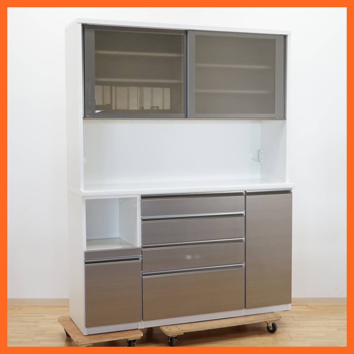 前ダ:【松田家具】キッチンボード 幅約157㎝ 高さ約205.5㎝ 食器棚 大容量 キッチン収納 レンジ台 家電ボード ダイニングボード