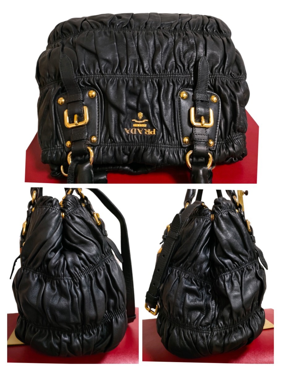 美品 正規品 PRADA オール レザー ギャザーハンドバッグ 美品 正規品 PRADA オール レザー ギャザーハンドバッグ