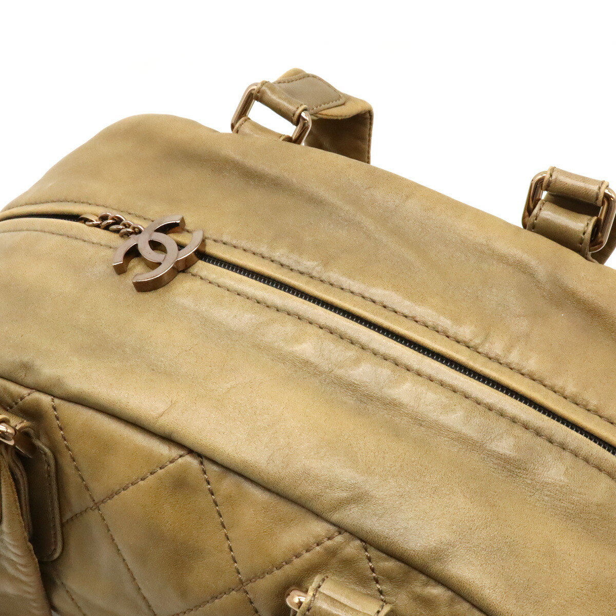 !_CHANEL Chanel wild стежок здесь Mark Mini сумка "Boston bag" ручная сумочка сумка на плечо кожа хаки оттенок бежевого 