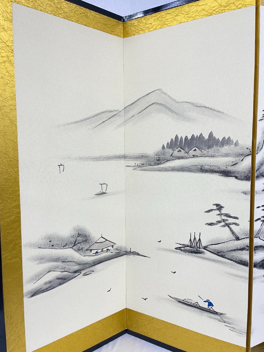 Y1008 6曲 御屏風 落款 「秀峰」 水墨画 山村 風景画 金屏風 幅 Y1008 6曲 御屏風 落款 「秀峰」 水墨画 山村 風景画 金屏風 幅