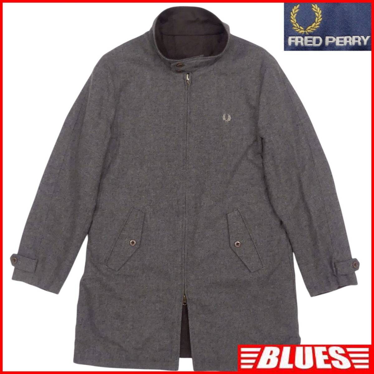 即決★FRED PERRY★メンズ XL ステンカラーコート リバーシブル フレッドペリー グレー 茶 ジャケット ウール ロングコート