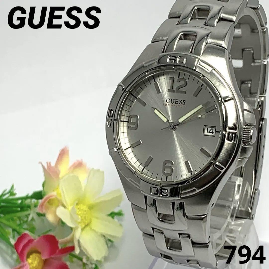 794 稼働品 GUESS ゲス メンズ 腕時計 WATER PRO シルバー デイト 日付 電池交換済 クオーツ式 人気 希少 ビンテージ レトロ アンティーク