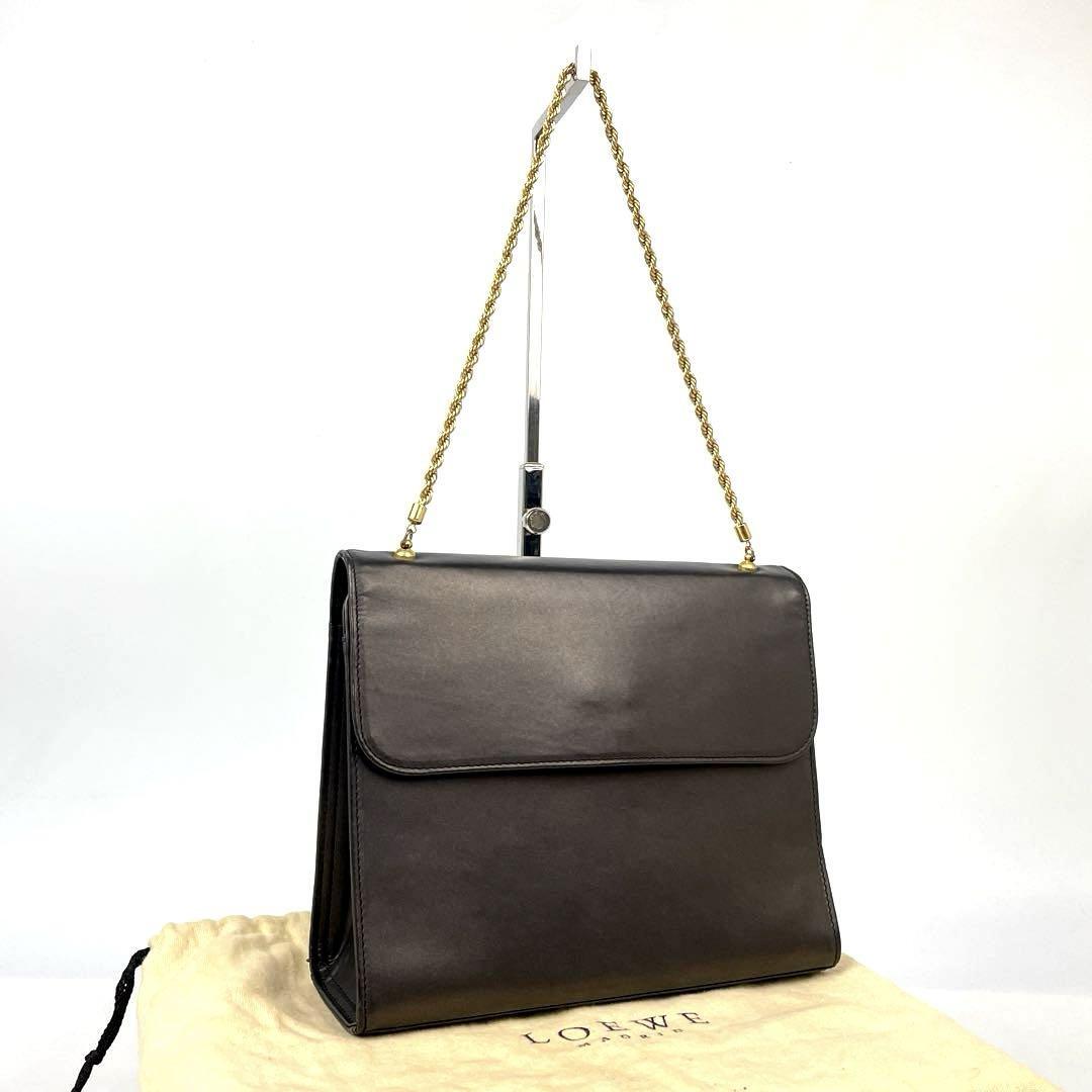 美品●LOEWE ロエベ ハンドバッグ チェーン ゴールド金具 ラメ 肩掛け パーティーバッグ 玉虫色 レザー ブロンズ系 黒 フォーマル 男女兼用