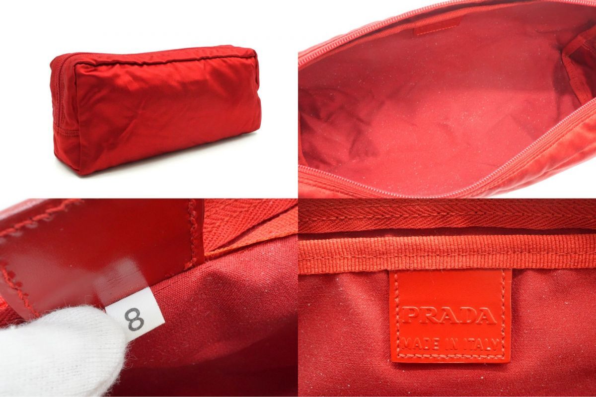  Prada pouch clutch bag case make-up cosme triangle Logo plate width length satin red red PRADA 0602h