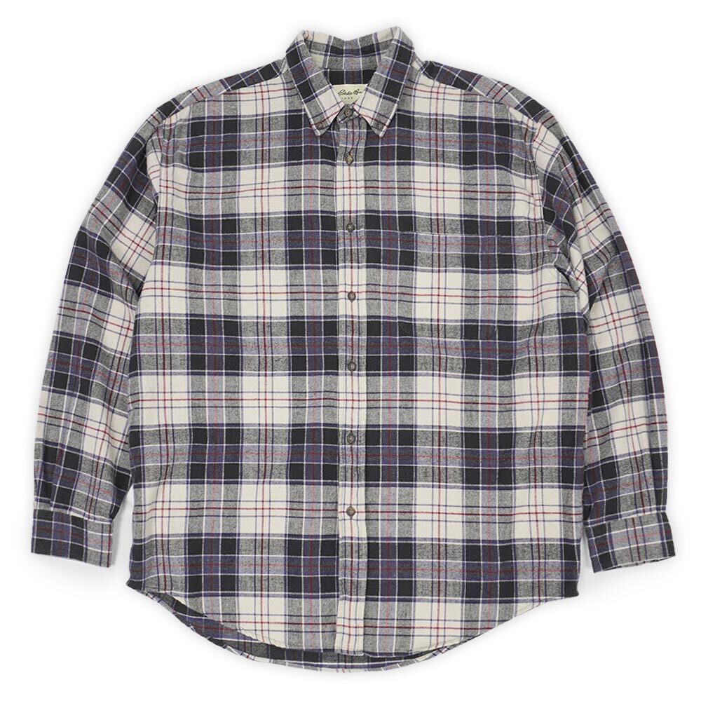 エディーバウアー Eddie Bauer 90s フランネル ボタンダウンシャツ 白タグ オールド USA 古着 (-3919) ブラック系 チェック柄 L