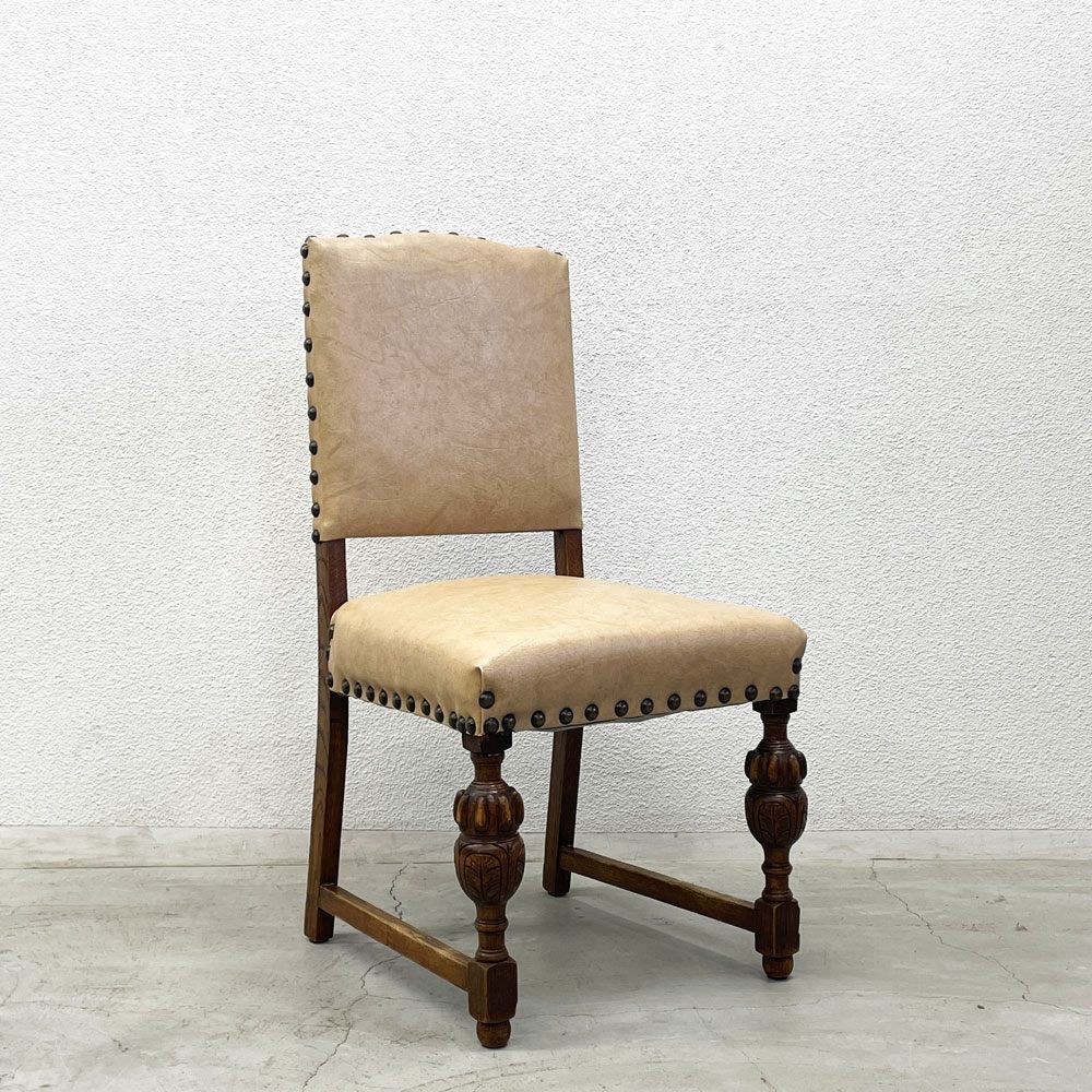 〓 UKビンテージ Vintage ダイニングチェア オーク材 PVCレザーシート 鋲打ち バルボスレッグ 英国家具 英国アンティーク A