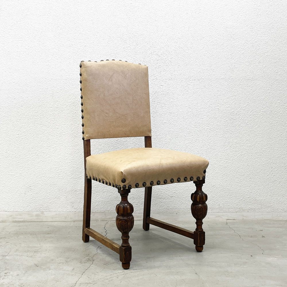 〓 UKビンテージ Vintage ダイニングチェア オーク材 PVCレザーシート 鋲打ち バルボスレッグ 英国家具 英国アンティーク B