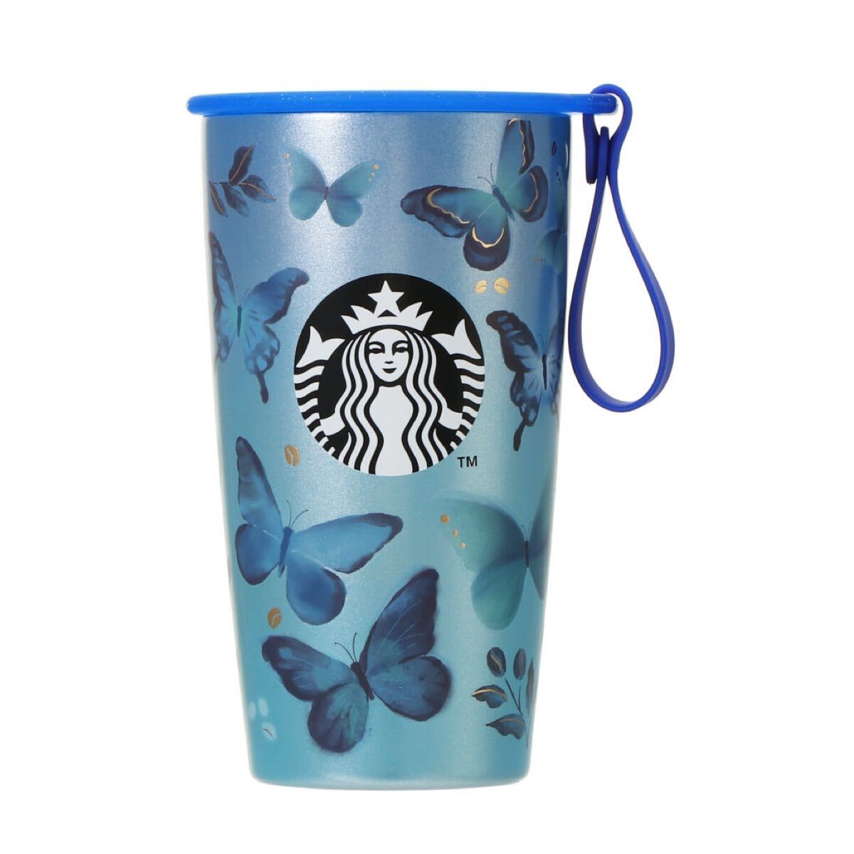スターバックス ストラップカップシェイプステンレスボトルブルーバタフライ 355ml スタバ タンブラー カップシェイプ ステンレスボトル 蝶