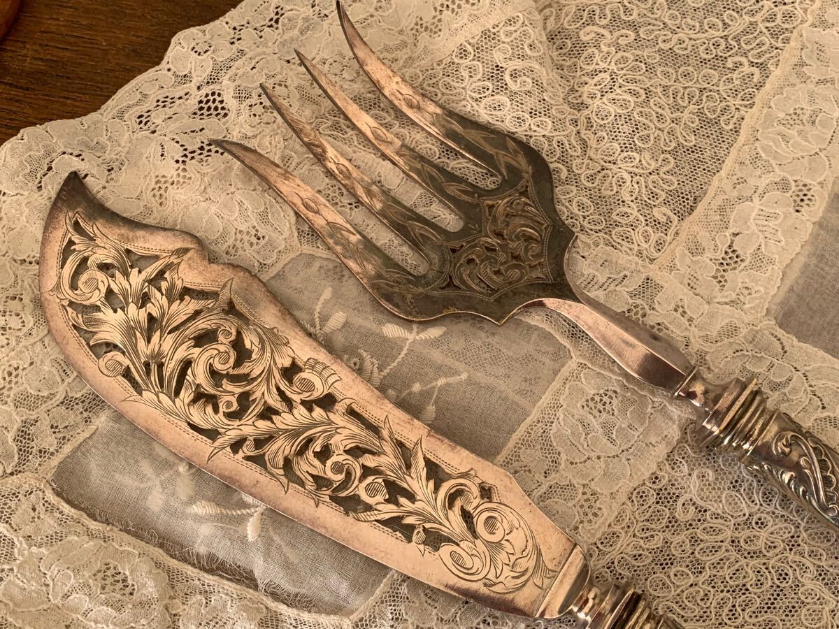 フランスアンティーク　シルバー　カトラリー　ペア　ブロカント アンティークシルバーカトラリー リボン フランス ブロカント