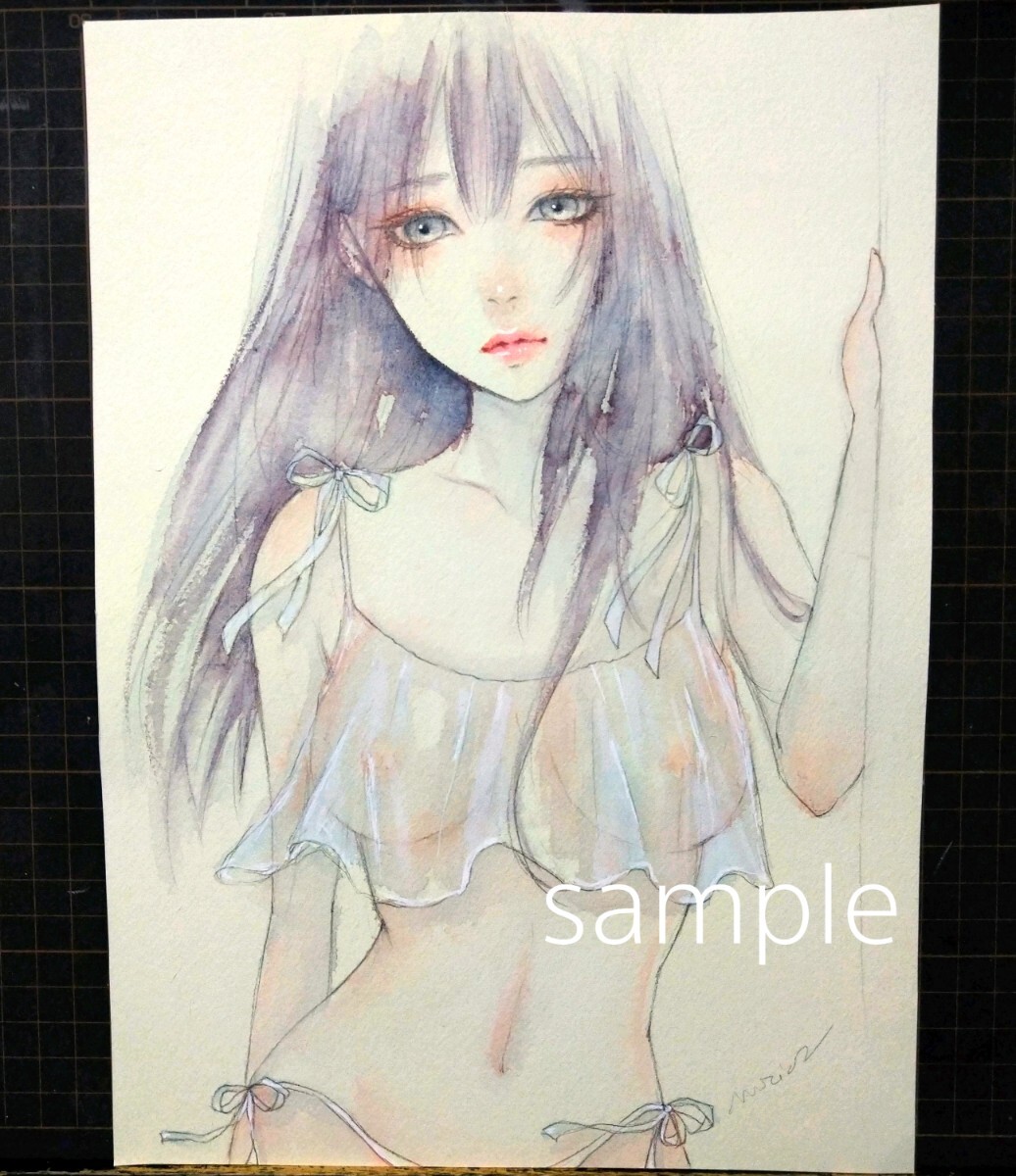 肉筆原画 風とシースルーな彼女 絵画 水彩画 美人画 手描き
