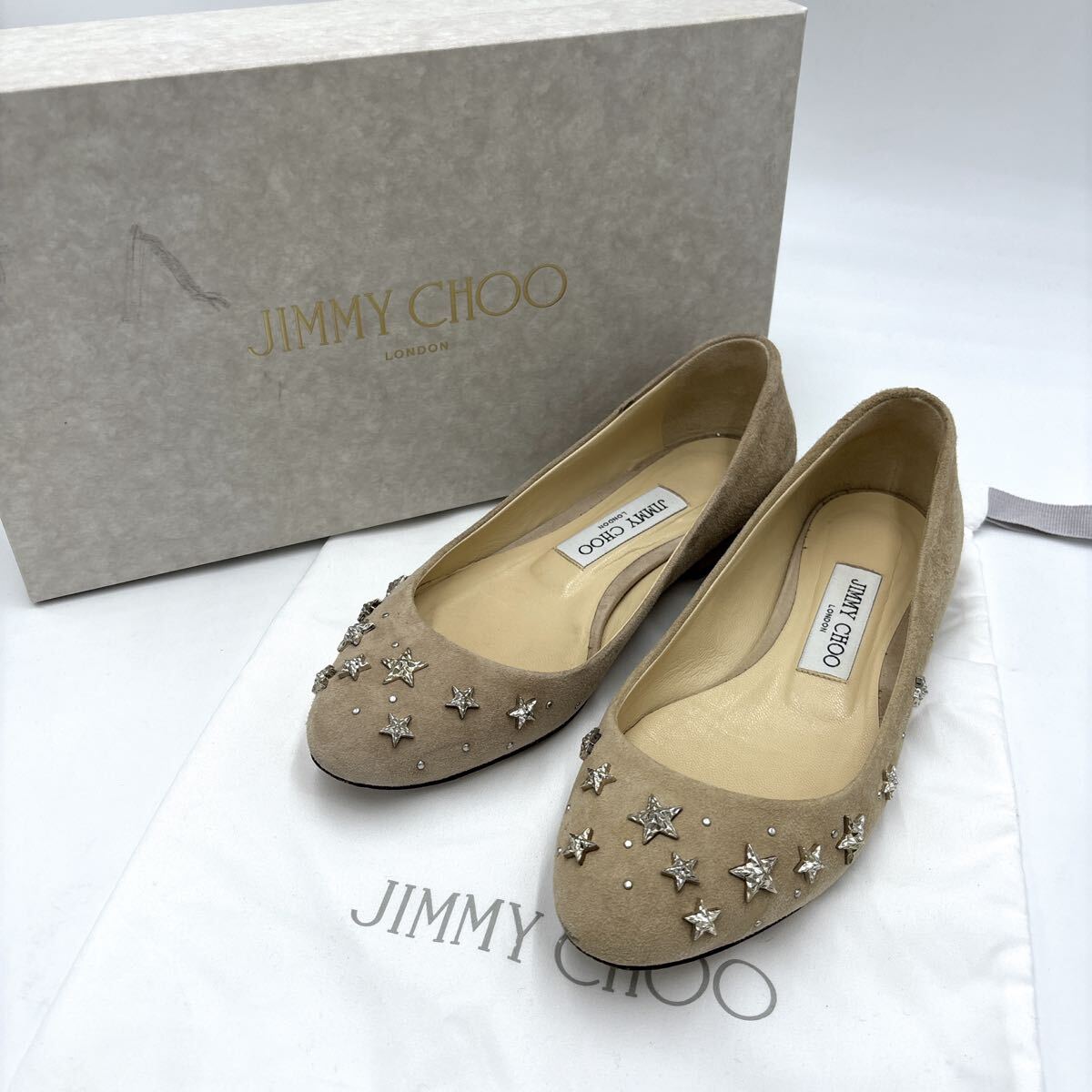 ＊ 付属品完備 イタリア製 '高級婦人靴' JIMMY CHOO ジミーチュウ 本革 スター 星 スタッズ フラット パンプス EU36.5 23cm レディース