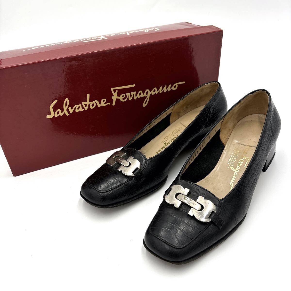 ＊ 良品 箱付き '高級(jí)婦人靴' Salvatore Ferragamo サルヴァトーレフェラガモ 本革 クロコ型押し ガンチーニ ヒール / パンプス 5D 22cm