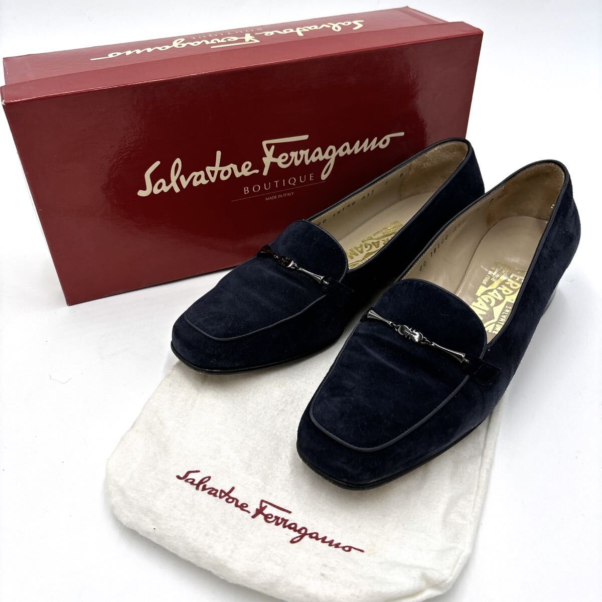＊ 付属品完備 伊製 '高級婦人靴' Salvatore Ferragamo サルヴァトーレフェラガモ 本革 ガンチーニ ローファー 革靴 ヒール 7D 24cm
