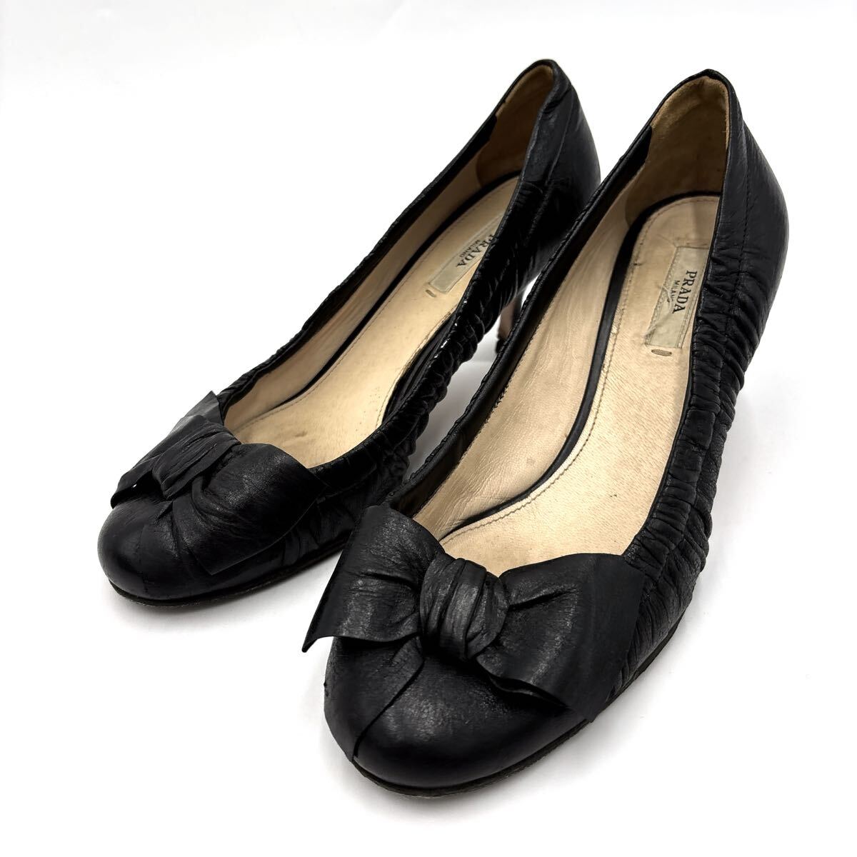 E ＊ イタリア製 '高級感溢れる' PRADA プラダ 本革 リボン ヒール / パンプス EU36 22.5cm レディース 婦人靴 シューズ BLACK