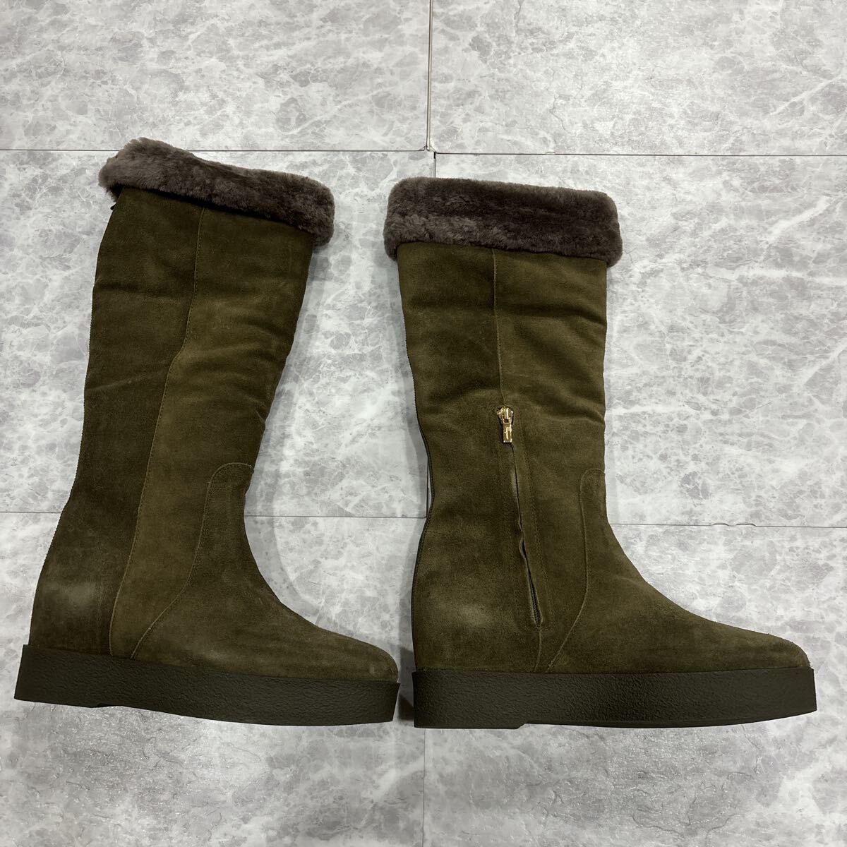 ＊ ほぼ美品 付屬品完備 '高級(jí)感溢れる' Salvatore Ferragamo サルヴァトーレフェラガモ 里ボア 本革 ロング ムートン ブーツ 5.5M 22.5cm