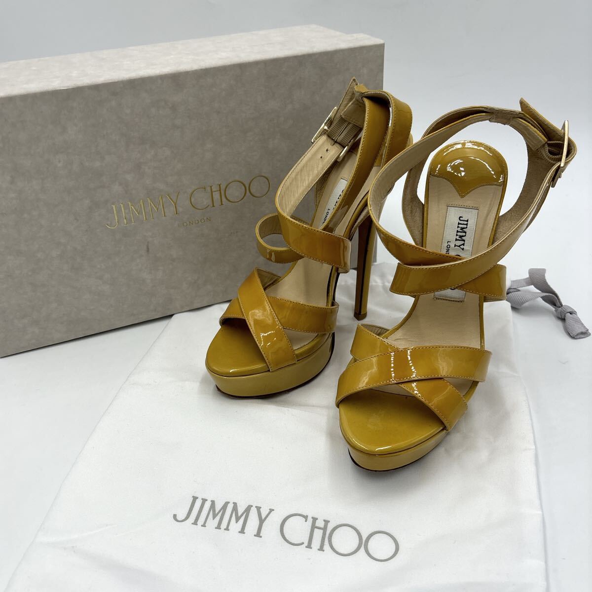＊ 付属品完備 イタリア製 '高級感溢れる' JIMMY CHOO ジミーチュウ 本革 エナメルレザー ヒール サンダル EU35.5 22~22.5cm レディース