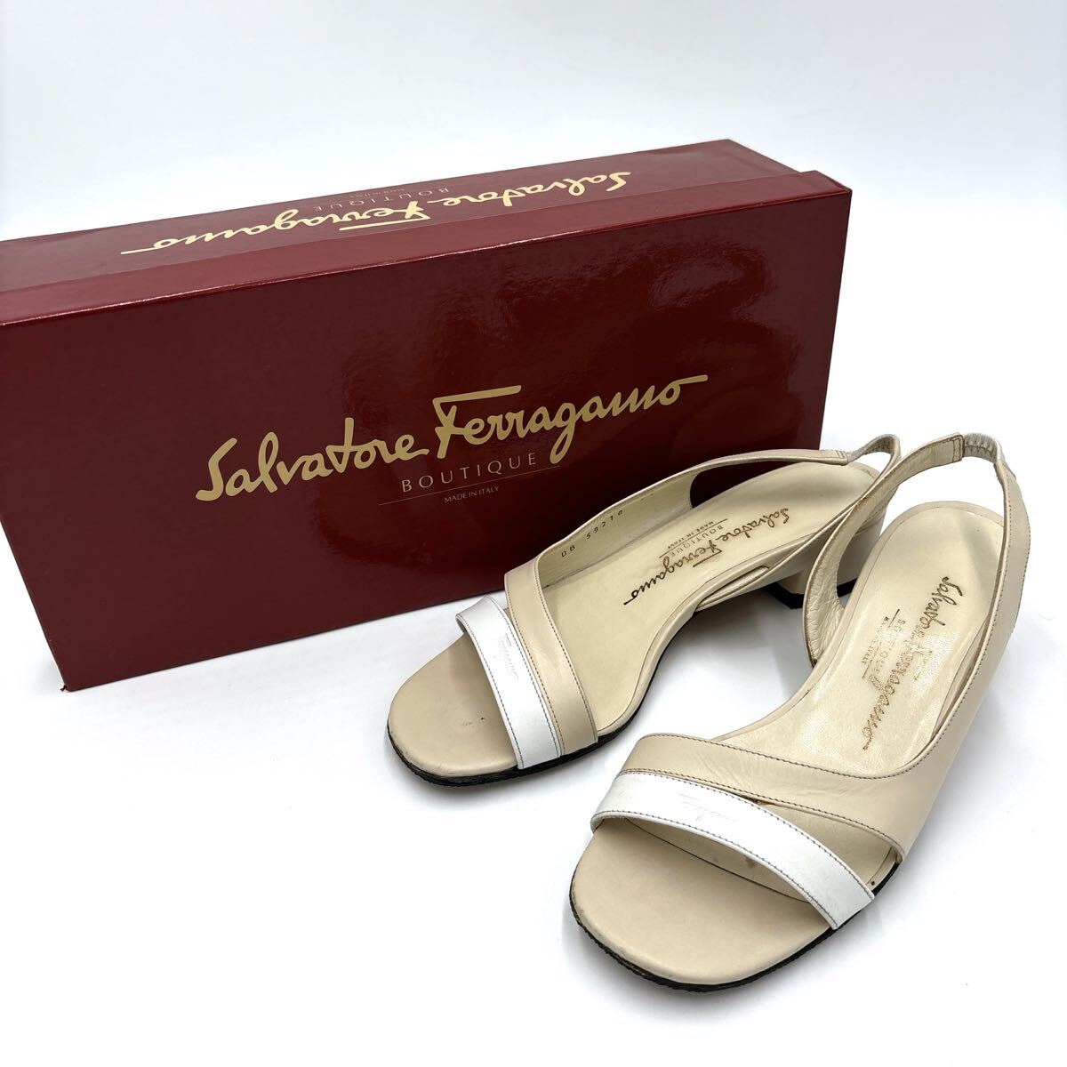 ＊ 箱付き イタリア製 '高級婦人靴' Salvatore Ferragamo サルヴァトーレフェラガモ 本革 バックストラップ / ヒール サンダル 4.5C 21.5cm