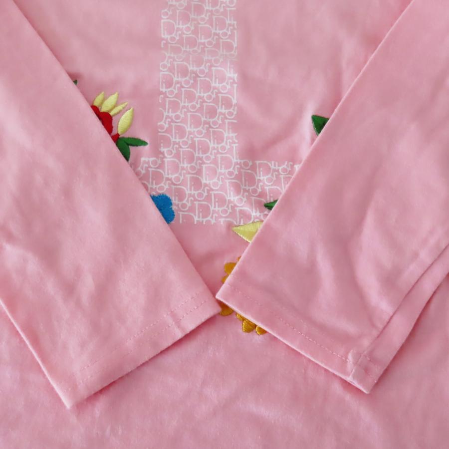 S10 Christian Dior クリスチャンディオール NO1 トロッター ロゴ フラワー刺繍 ロングTシャツ F38 ピンク