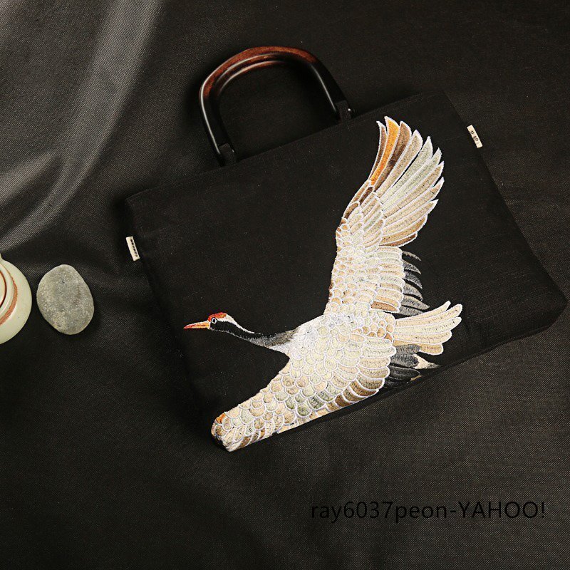 オリジナル 手作り 刺繍 ツル鶴 麻 トートバッグ ハンドバッグ 木制ハンドル ハンドメイド レディース IPAD容量 手提げ