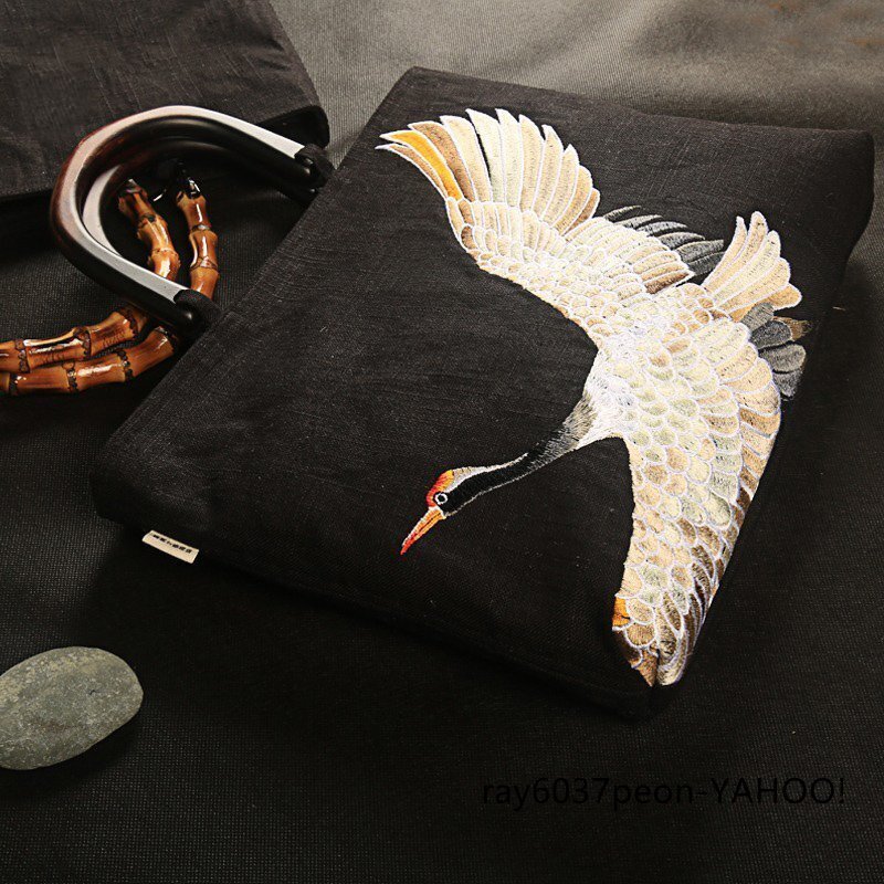 オリジナル 手作り 刺繍 ツル鶴 麻 トートバッグ ハンドバッグ 木制ハンドル ハンドメイド レディース IPAD容量 手提げ