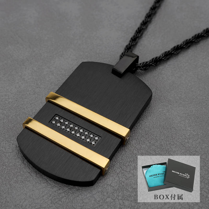高級感 存在感 ゴールドライン ドッグタグネックレス ブラック プレートネックレス メンズ ロープチェーン 専用BOX付属
