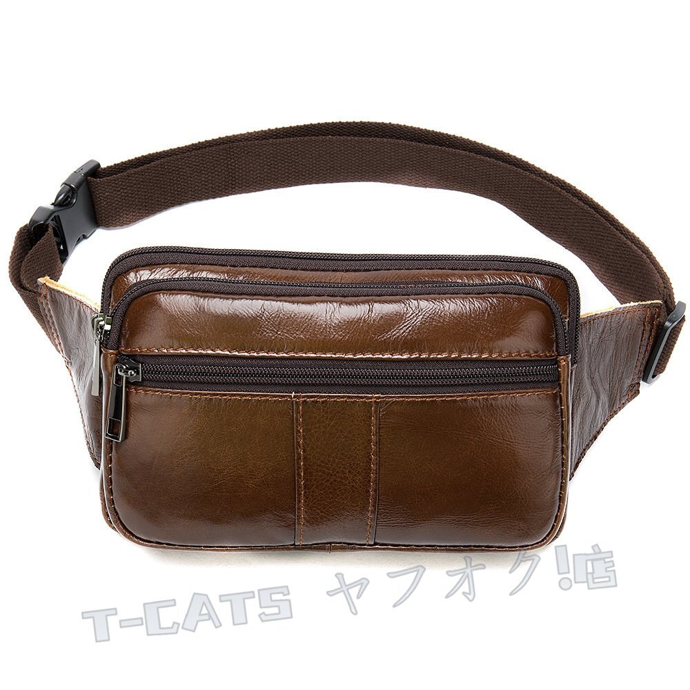 新品牛革 本革 ダブルジップ ウエストポーチ ヒップバッグ ボディバッグ ミニショルダーバッグ メンズ ダークブラウン L