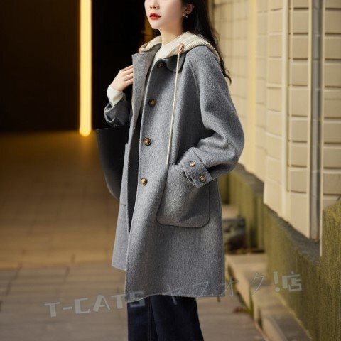 ☆新品コート アウター 長袖 ミディアム丈コート 羽織 オフィスカジュアル フード付き シンプル 厚手 暖かい 防寒 グレー お色選択可