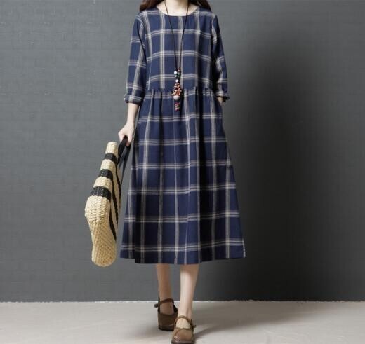 CHQ341#春秋　新品　チェック柄*カジュアル　ゆったり　レディース　ミモレ丈ワンピース　ネイビー