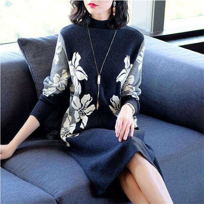 LDL1417# ワンピース レディース ニットロングワンピース 膝丈 ワンピース レディース ニットロングワンピース 膝丈 花柄 体型カバー 着痩
