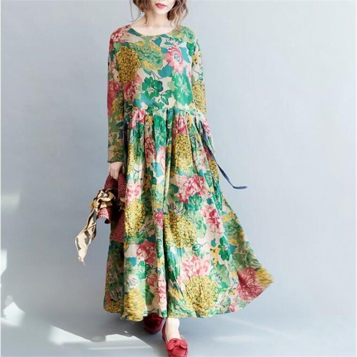LDL1405#綿麻混ワンピース ゆったり 体型カバー 春ワンピース マキシ丈 マキシワンピース レディース 40代 大きいサイズ ロングワンピース