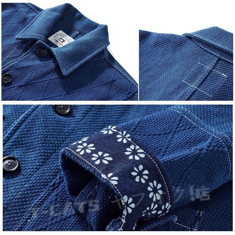 新品職人手作り 藍(lán)染め 刺し子 カバーオール 剣道著 19OZ 綿100% ワークジャケット sashiko indigo 上品 インディゴ ワークウェア XL