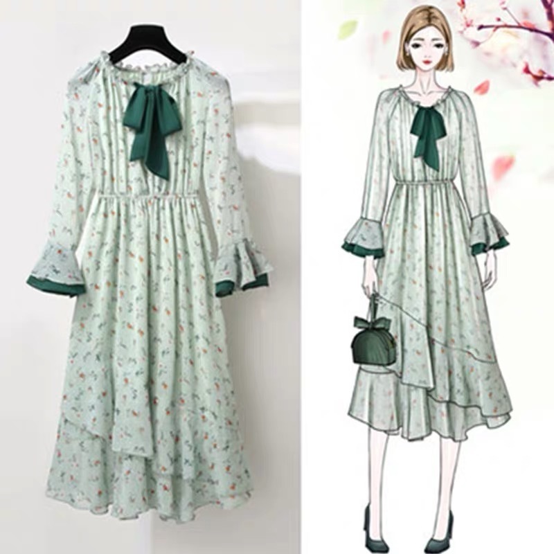 LDL347# グリーン 胸元に大きなリボン フリルＯネック 小花柄 フレアスリーブ ワンピース XL