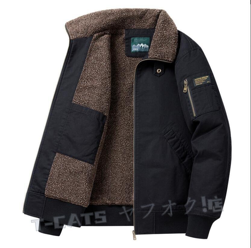 新品冬 メンズ フライトジャケット 裏起毛 厚手 防寒 ムートンコート ブルゾン ジャンバー パーカ アウター ワッペン ma-1 黒 3XL
