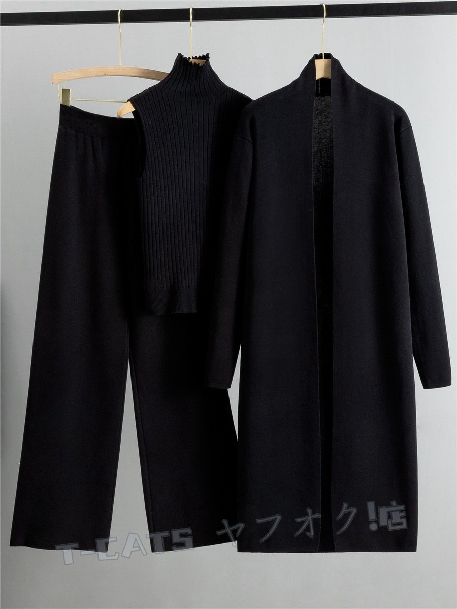 新品パンツスーツ ladiesレディース 3点セット ニット素材 素敵 防寒 ブラック