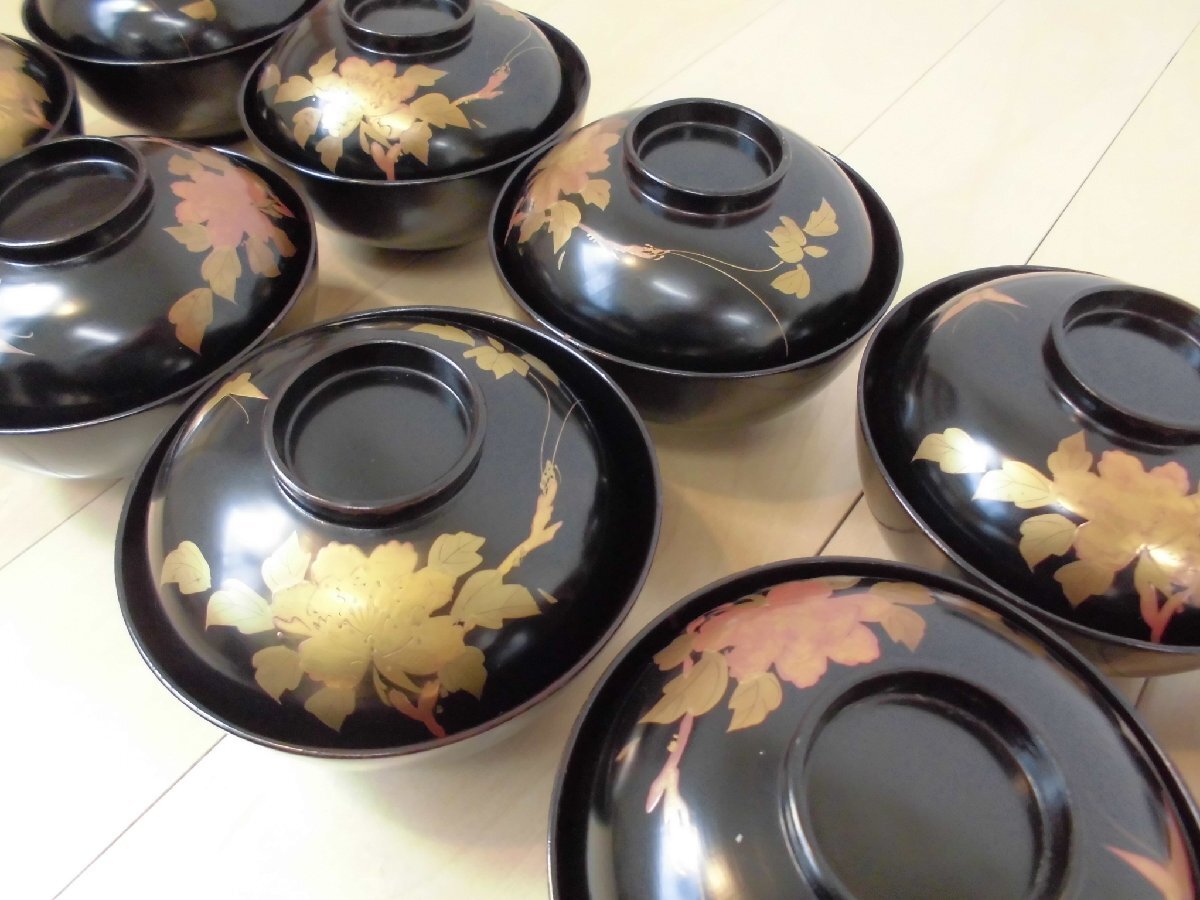 和食器 吸物椀 煮物 丼 蓋付き 桐箱入り 十客揃 蒔絵 金彩 花 蝶 時代物 料亭 割烹 正月 雑煮 お祝い 工芸 民藝 古道具 アンティーク