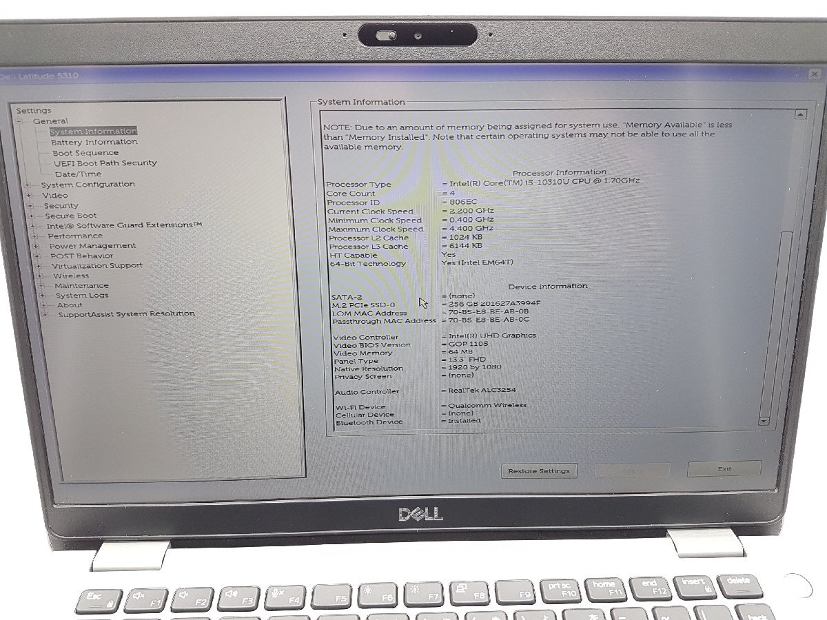 Dell Inc. Latitude 5310 Core i5 10310U 1.70GHz/8 GB/256 GB(NVMe)/AC adaptor attached 